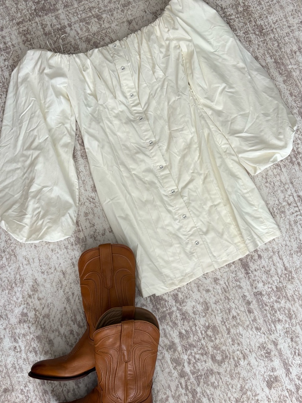 AKIRA Cream Off-Shoulder Button-Front mini dress